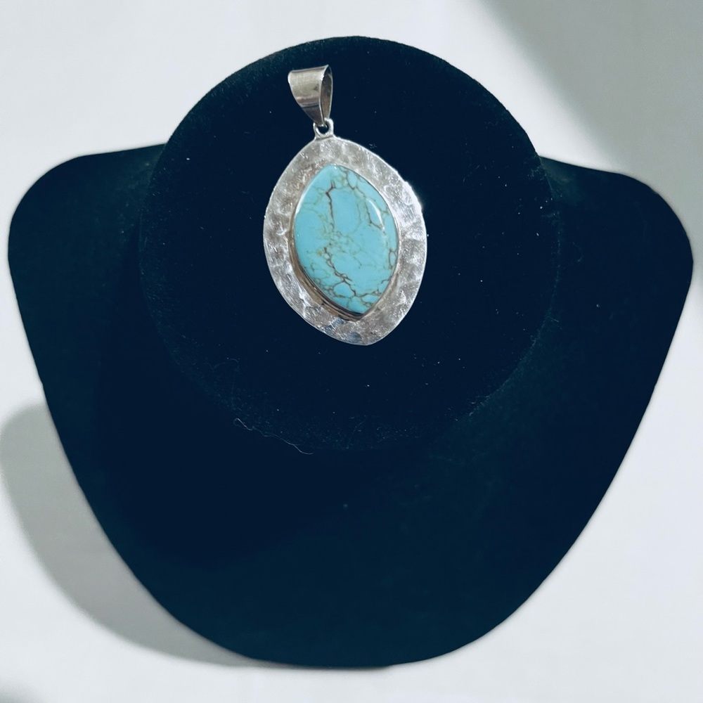 Sterling Silver Mexican Modernist 925 Handcrafted Turquoise Pendant - Picture 6 of 9